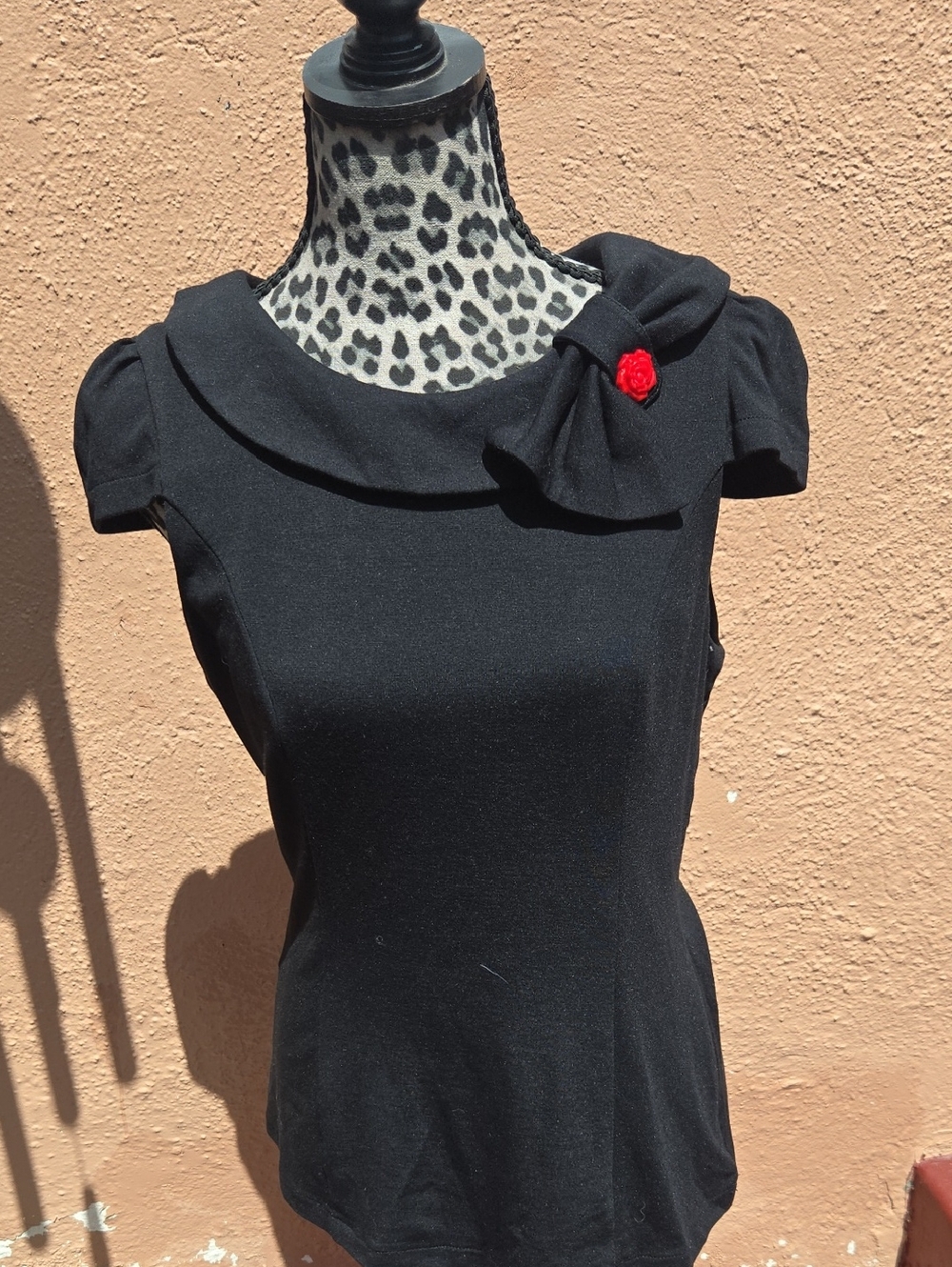 Voodoo Vixen Black Cap-Sleeve Top with Red Rose Accent
